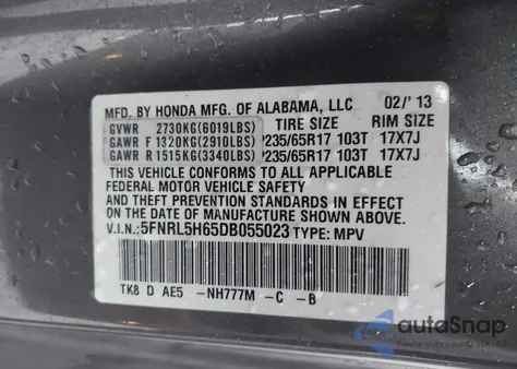 2013 Honda Odyssey Ex-L из США, поврежденный, VIN 5FNRL5H65DB055023